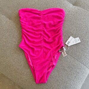 Milly Textured Ruched One Piece Swimsuit Hot Pink Strapless NWT M